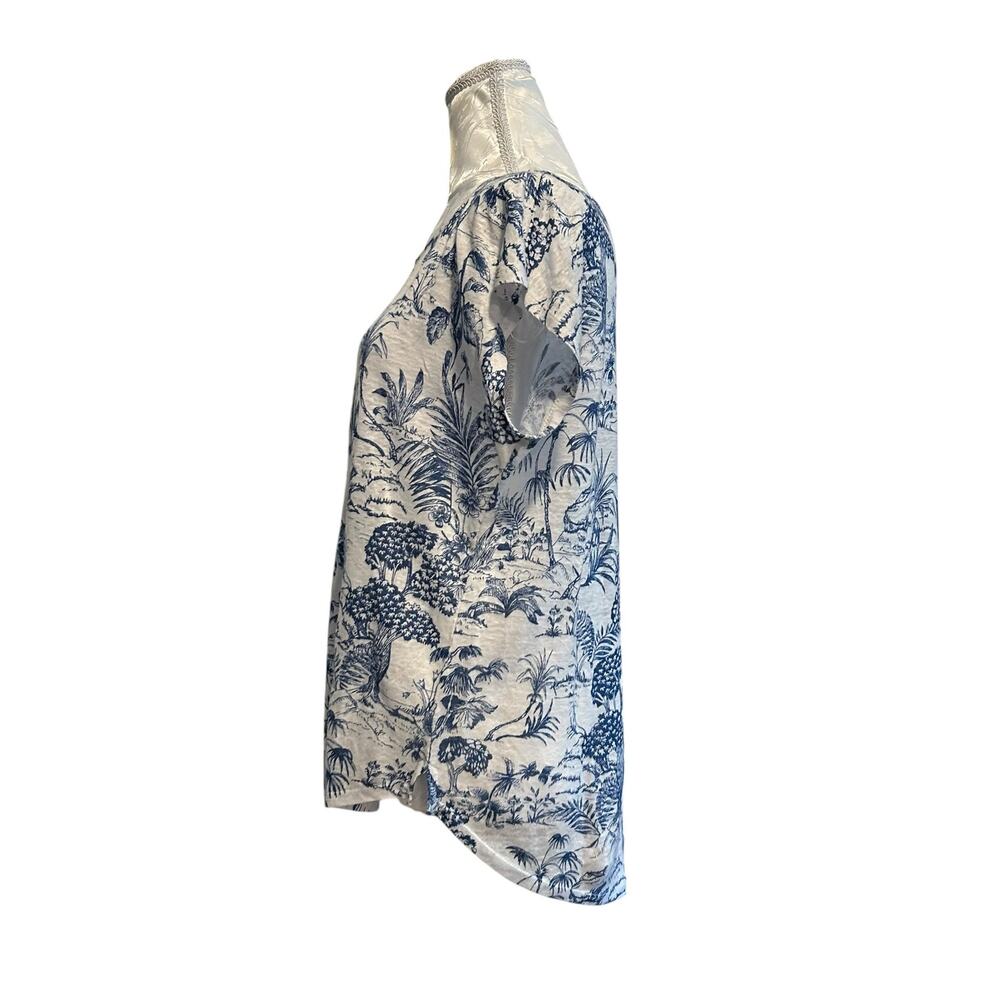 Blue White Linen Tropical Toile Print Cap Sleeve Top Coastal Grandmother S - Picture 4 of 13